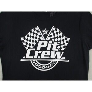 Pit Crew Graphic‎ T-Shirt Womens Medium Black Racing Checkered Flag Short Sleeve